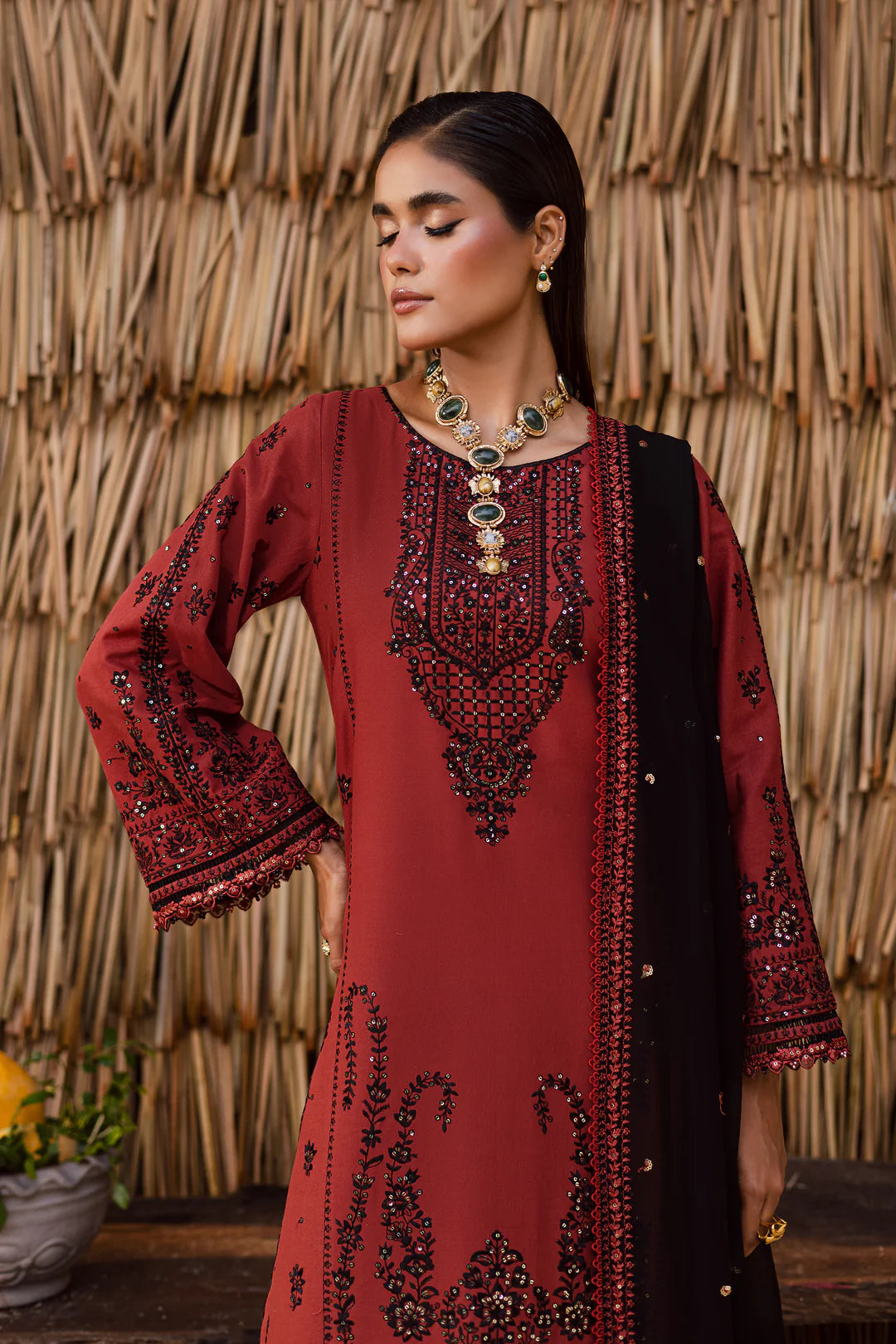 Terracotta 3Pc - Embroidered Khaddar Dress