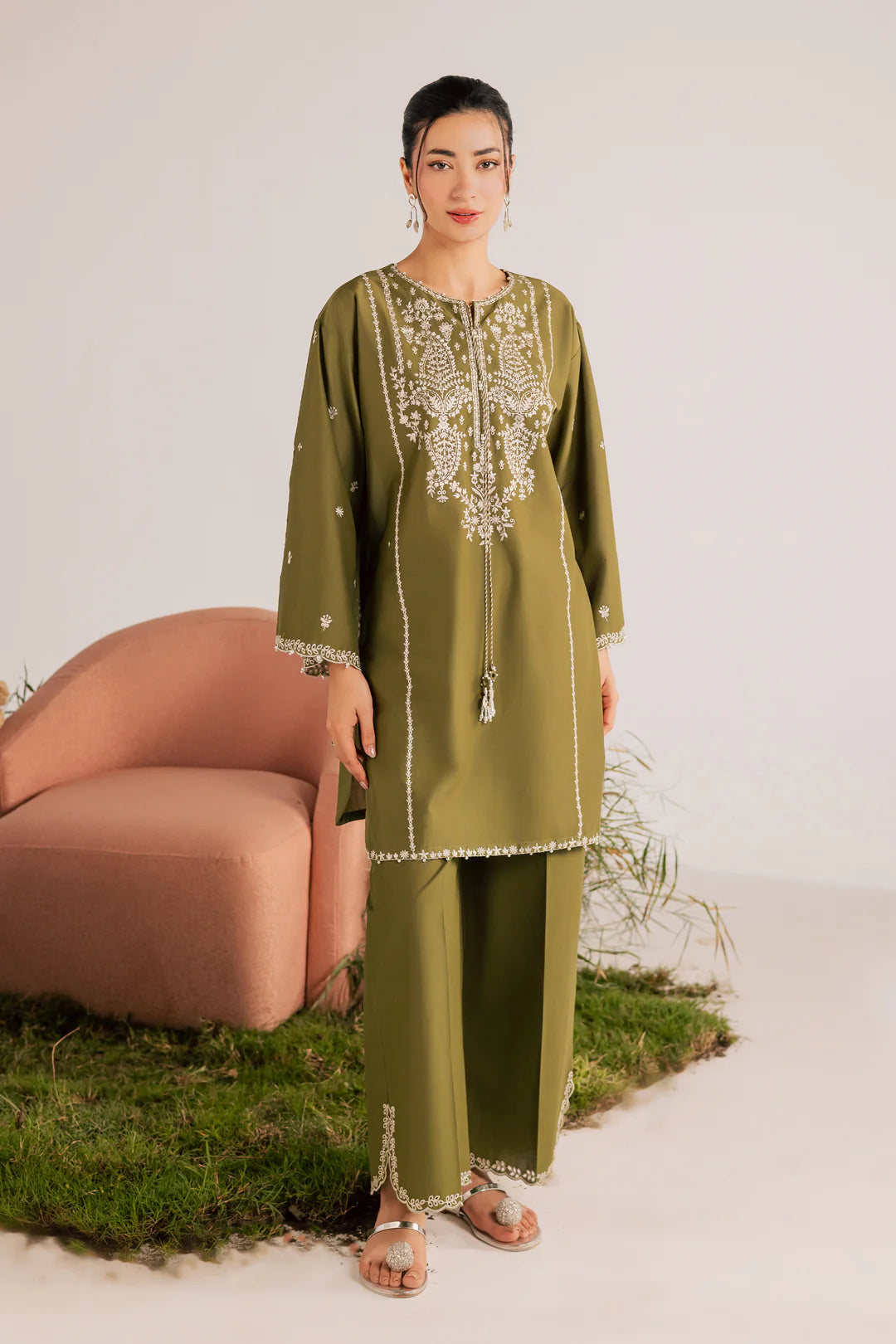 Mina Green 2Pc - Embroidered Lawn Dress