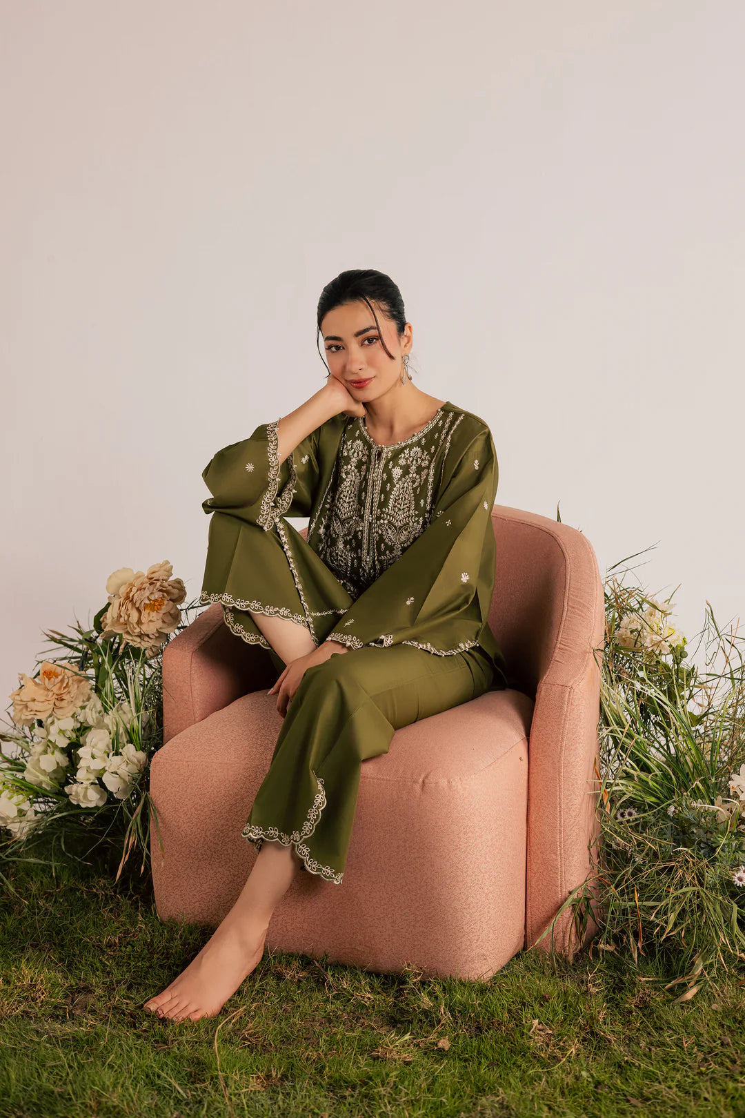Mina Green 2Pc - Embroidered Lawn Dress