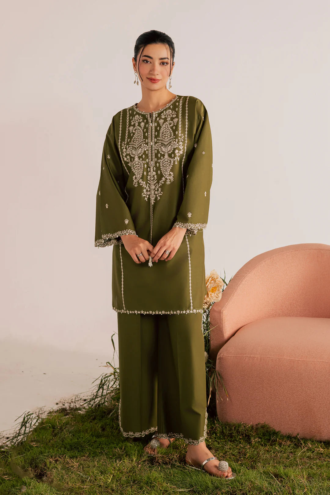 Mina Green 2Pc - Embroidered Lawn Dress
