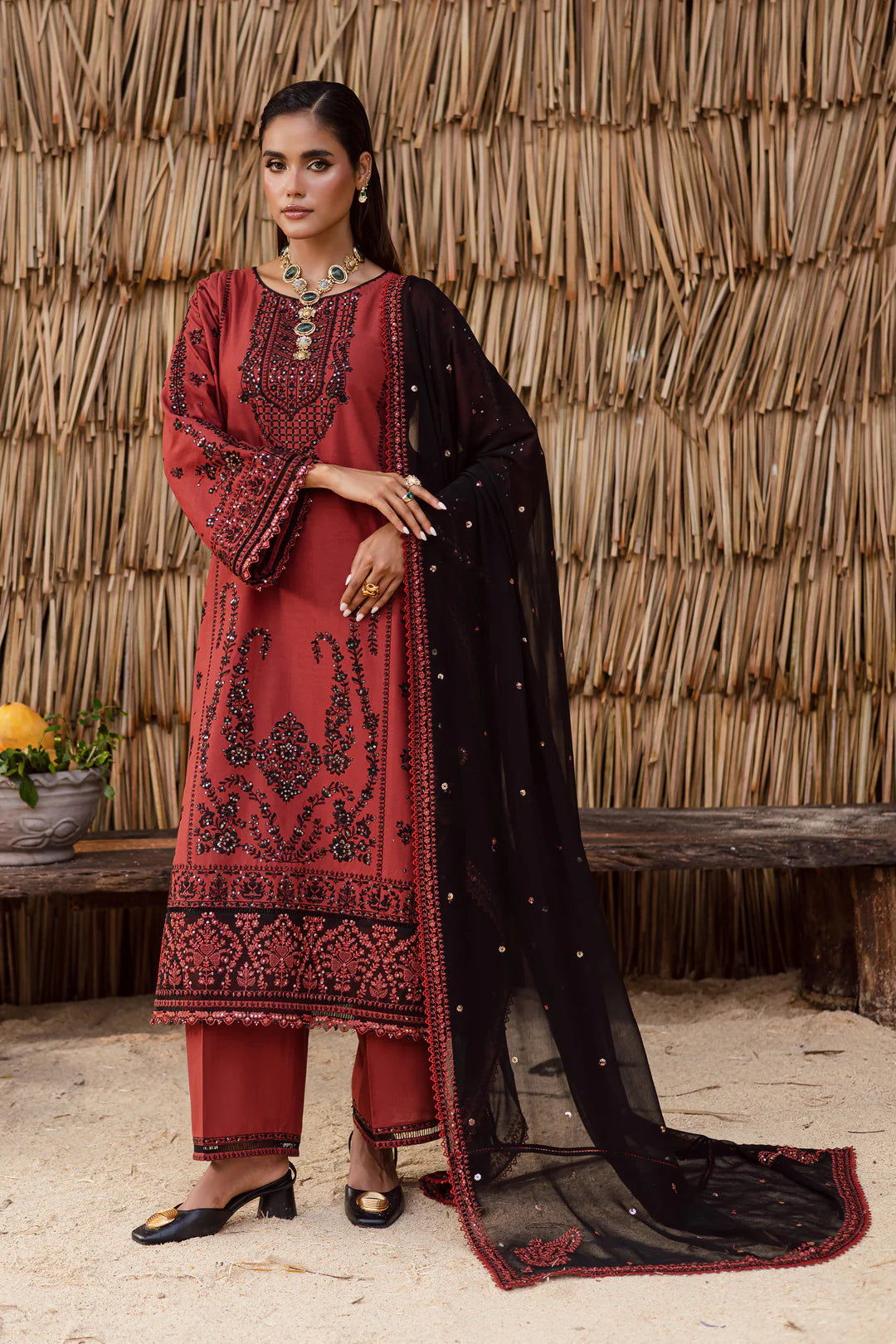 Terracotta 3Pc - Embroidered Khaddar Dress