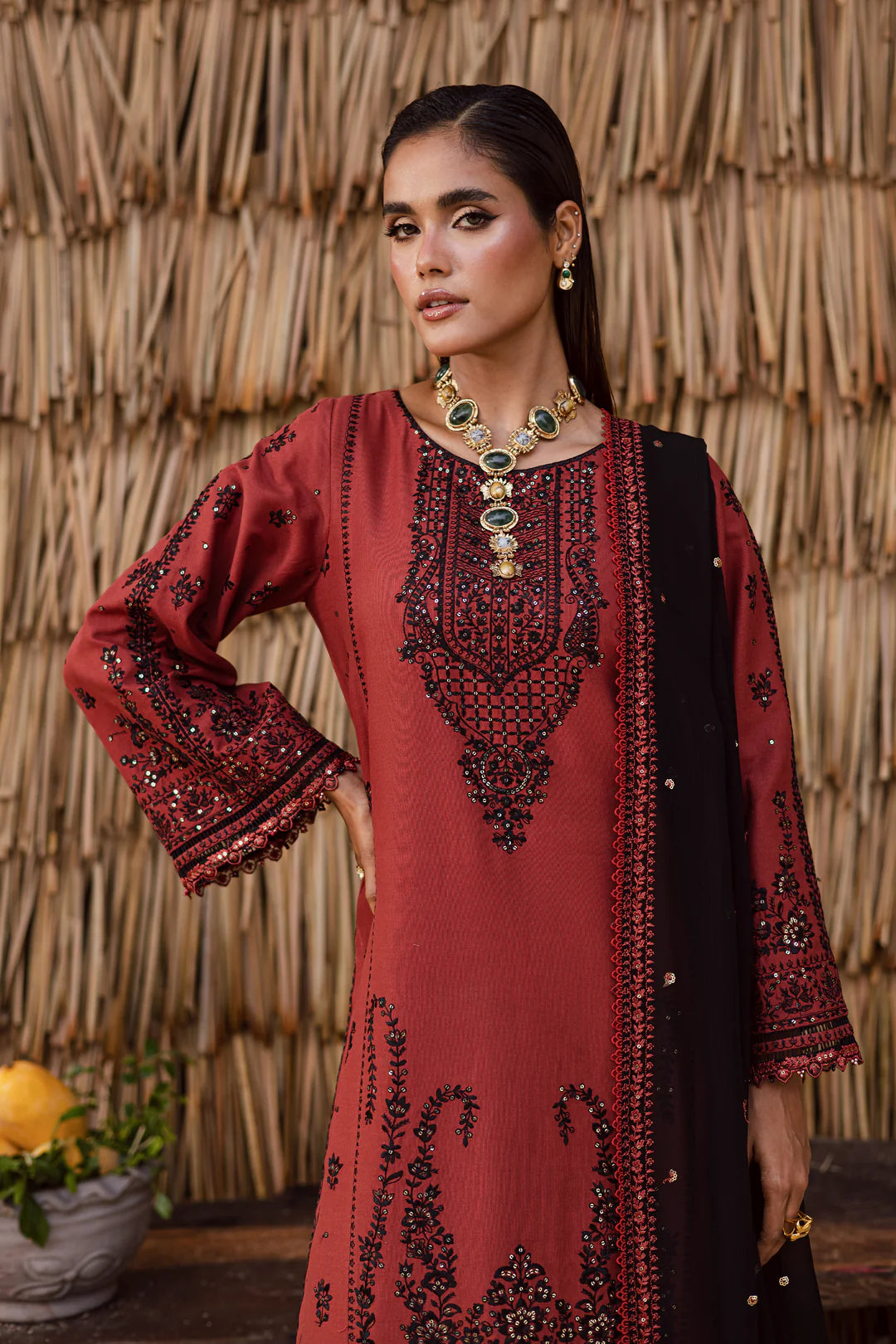 Terracotta 3Pc - Embroidered Khaddar Dress