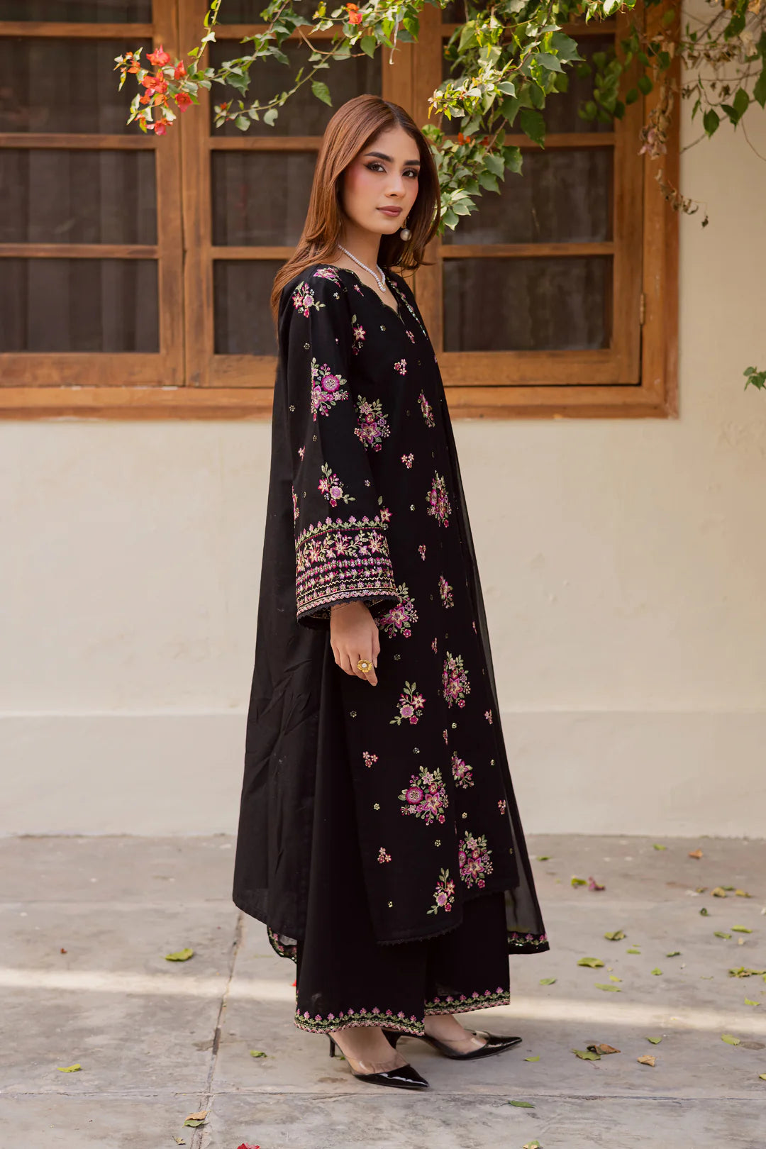 Black Pink 3Pc - Embroidered Dress