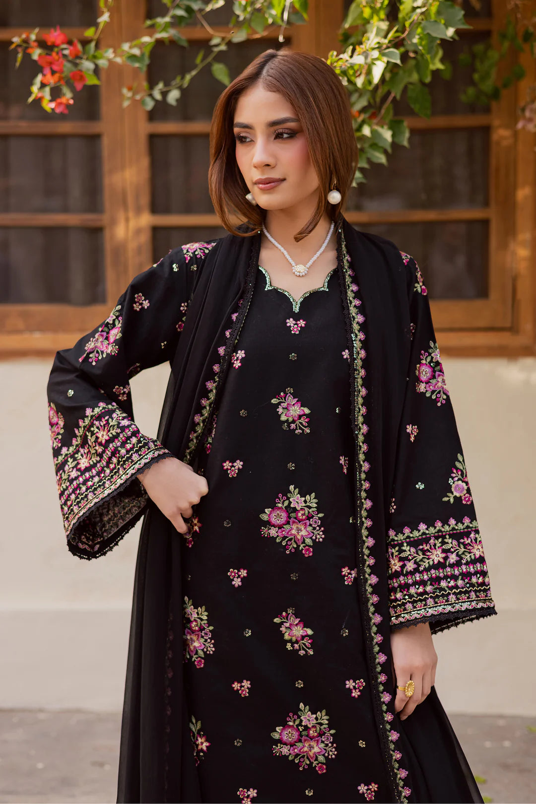 Black Pink 3Pc - Embroidered Dress