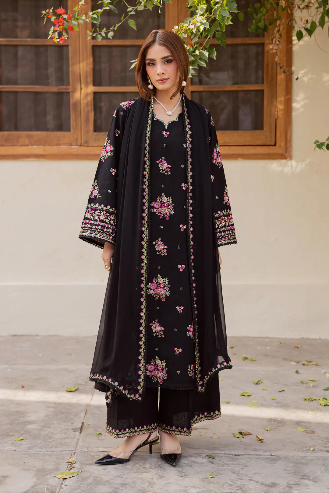 Black Pink 3Pc - Embroidered Dress