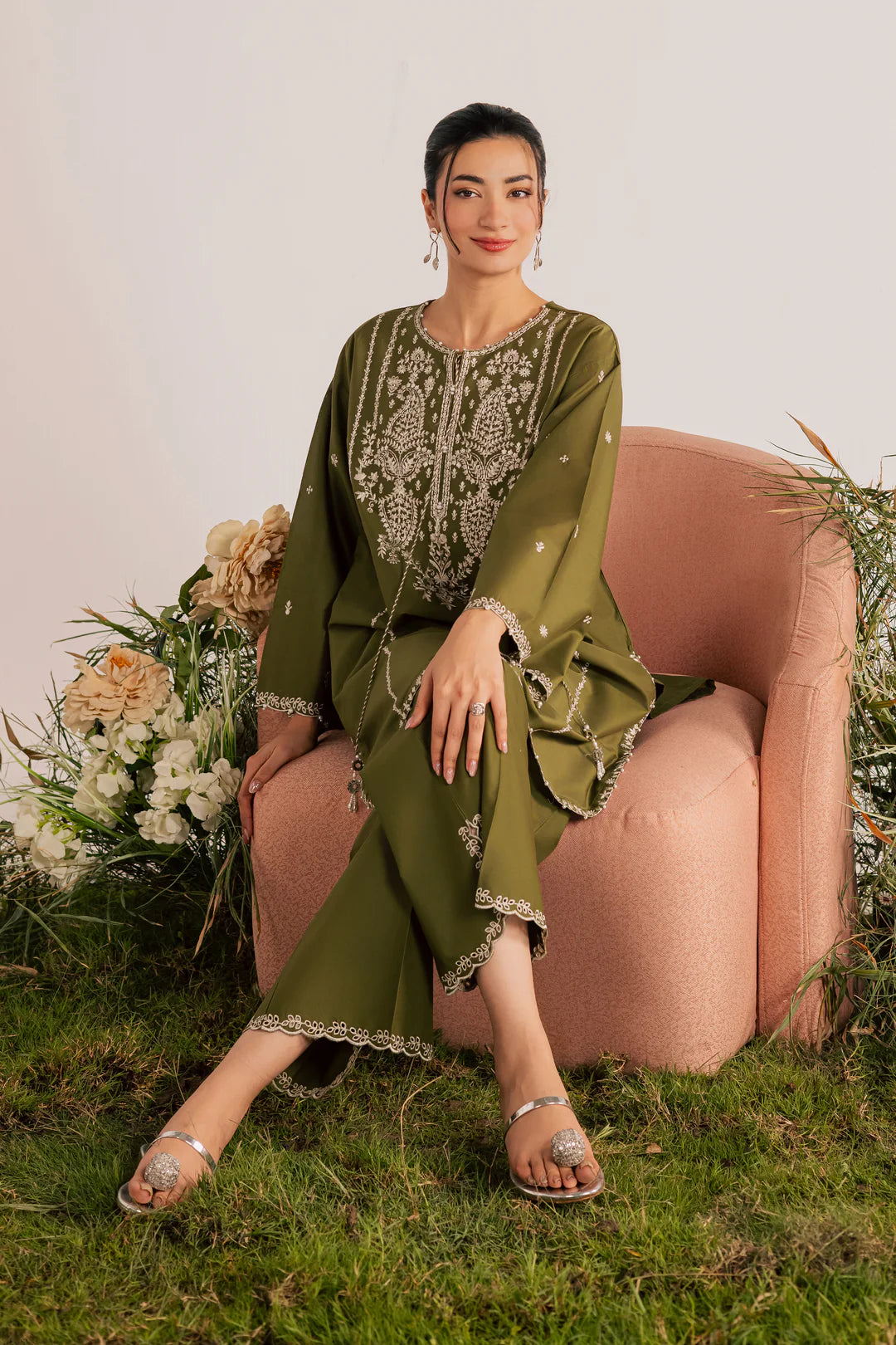 Mina Green 2Pc - Embroidered Lawn Dress